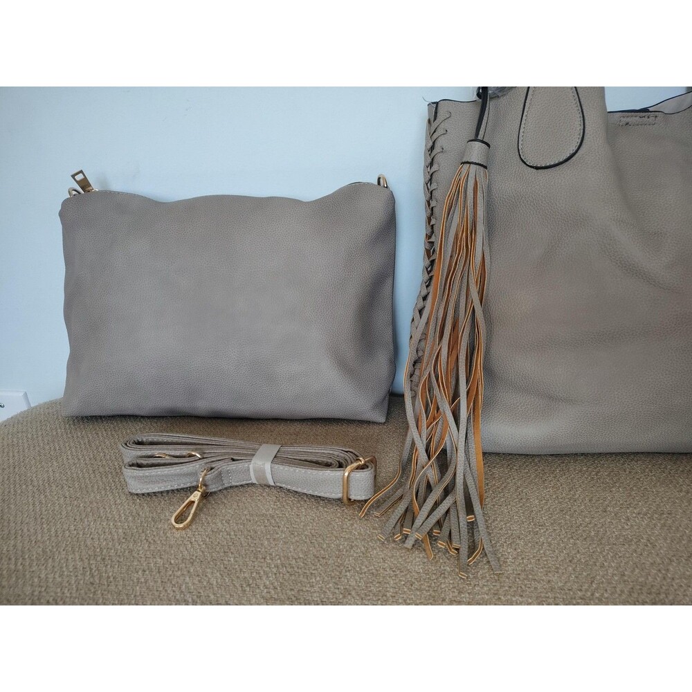 Jen Co Tote Large Gray Bag In A Bag Tassel Pouch Purse Vegan Faux Leather Beige - Picture 2 of 16